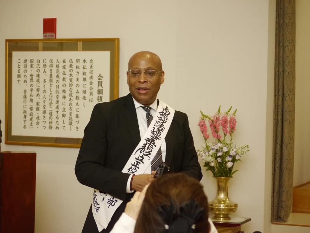 80th anniversary of Hiroshima remembrance. Rev James Lynch, Rino Aise. Location: Rissho Kosei-kai Buddhist in New York City,